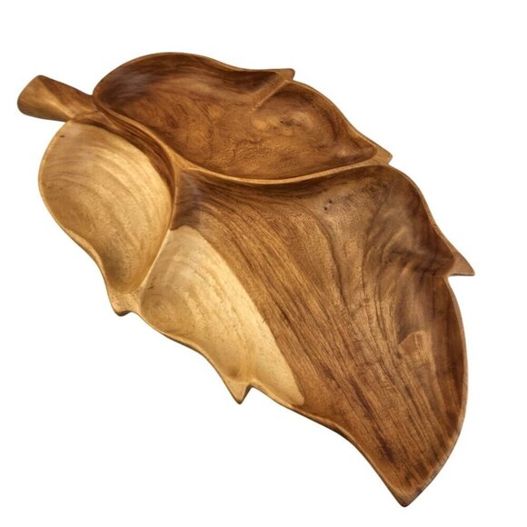 Handcrafted Narra Wood Leaf-Shaped Divided Serving Platter 20 inch long x 11 wid - Picture 1 of 9